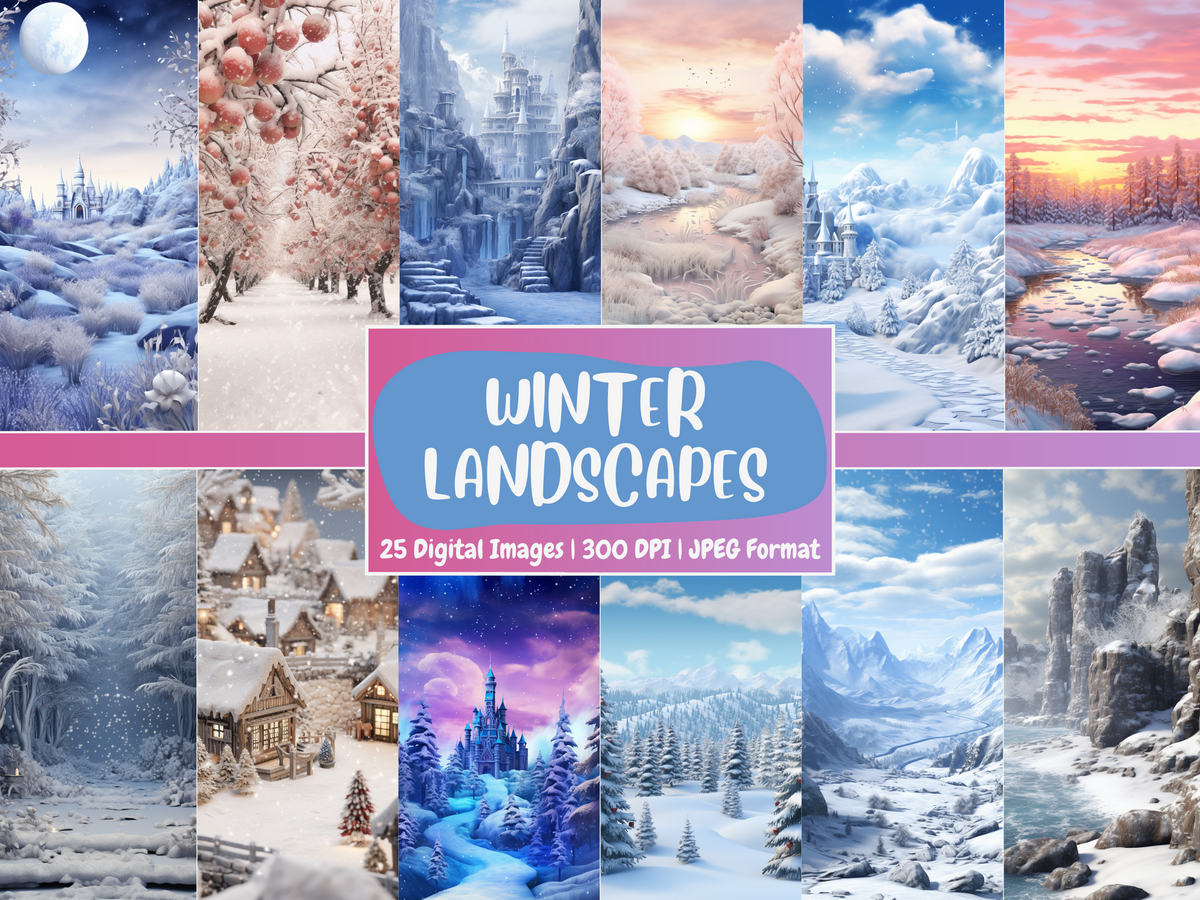 Winter Landscapes Digital Paper | Snow Forest Background, Snowy Landscape Backdrops, Printable, Download for Journals & Scrapbooking
