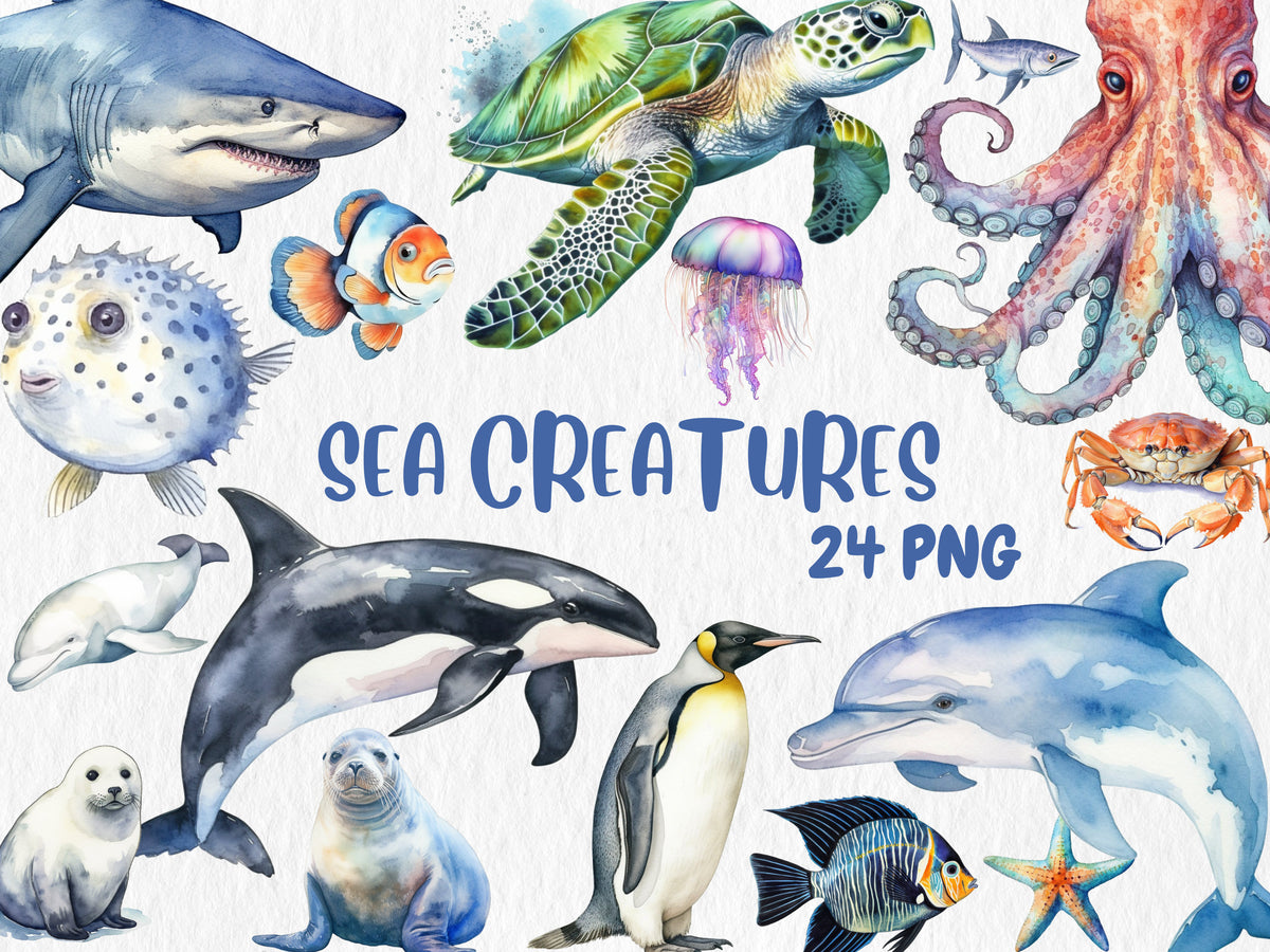 Watercolor Sea Creatures Clipart #2 | Octopus, Penguin, Turtle, Clownfish, Ocean Animals Illustrations | Instant Download for Commercial Use