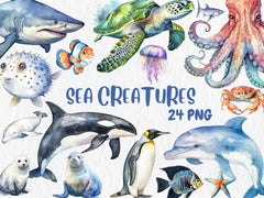 Watercolor Sea Creatures Clipart #2 | Octopus, Penguin, Turtle, Clownfish, Ocean Animals Illustrations | Instant Download for Commercial Use