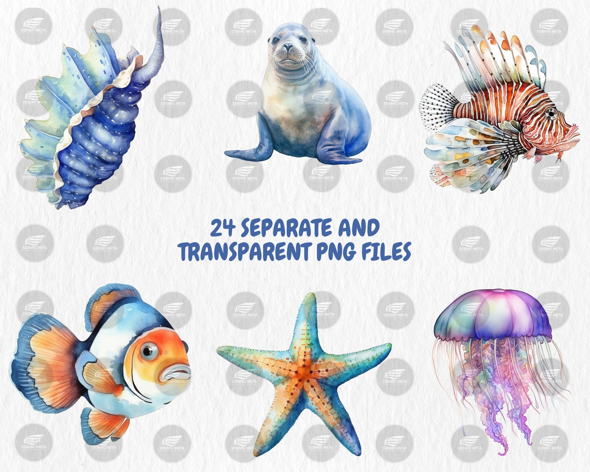 Watercolor Sea Creatures Clipart #2 | Octopus, Penguin, Turtle, Clownfish, Ocean Animals Illustrations | Instant Download for Commercial Use