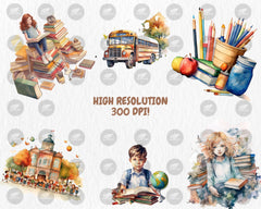 Watercolor School Clipart | Painted Back to School Clipart, Back to School Illustrations | PNG Graphics, Instant Download for Commercial Use
