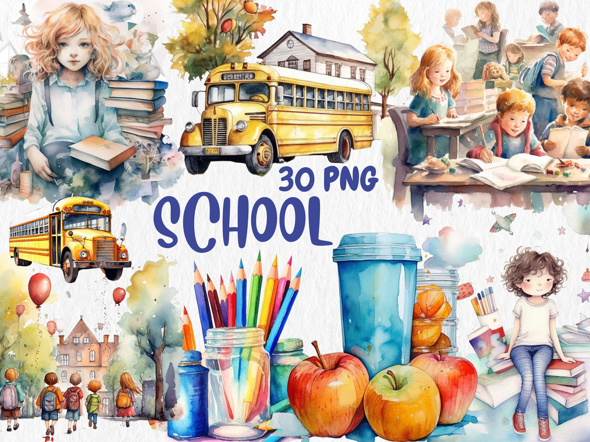Watercolor School Clipart | Painted Back to School Clipart, Back to School Illustrations | PNG Graphics, Instant Download for Commercial Use