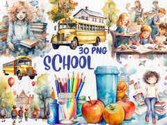 Watercolor School Clipart | Painted Back to School Clipart, Back to School Illustrations | PNG Graphics, Instant Download for Commercial Use