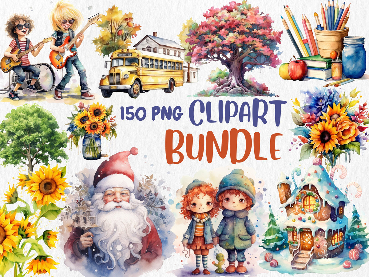 Watercolor Clipart Mega Bundle #4 | 150 PNG Graphics | School, Kids, Trees, Sunflowers, Christmas, Bundle | Instant Download for Commercial Use