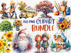 Watercolor Clipart Mega Bundle #4 | 150 PNG Graphics | School, Kids, Trees, Sunflowers, Christmas, Bundle | Instant Download for Commercial Use