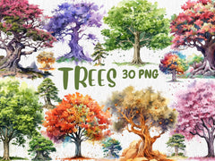 Watercolor Clipart Mega Bundle #3 | 138 PNG Graphics | Trees, Sunflowers, Mushrooms, Red Roses, Flowers | Instant Download for Commercial Use