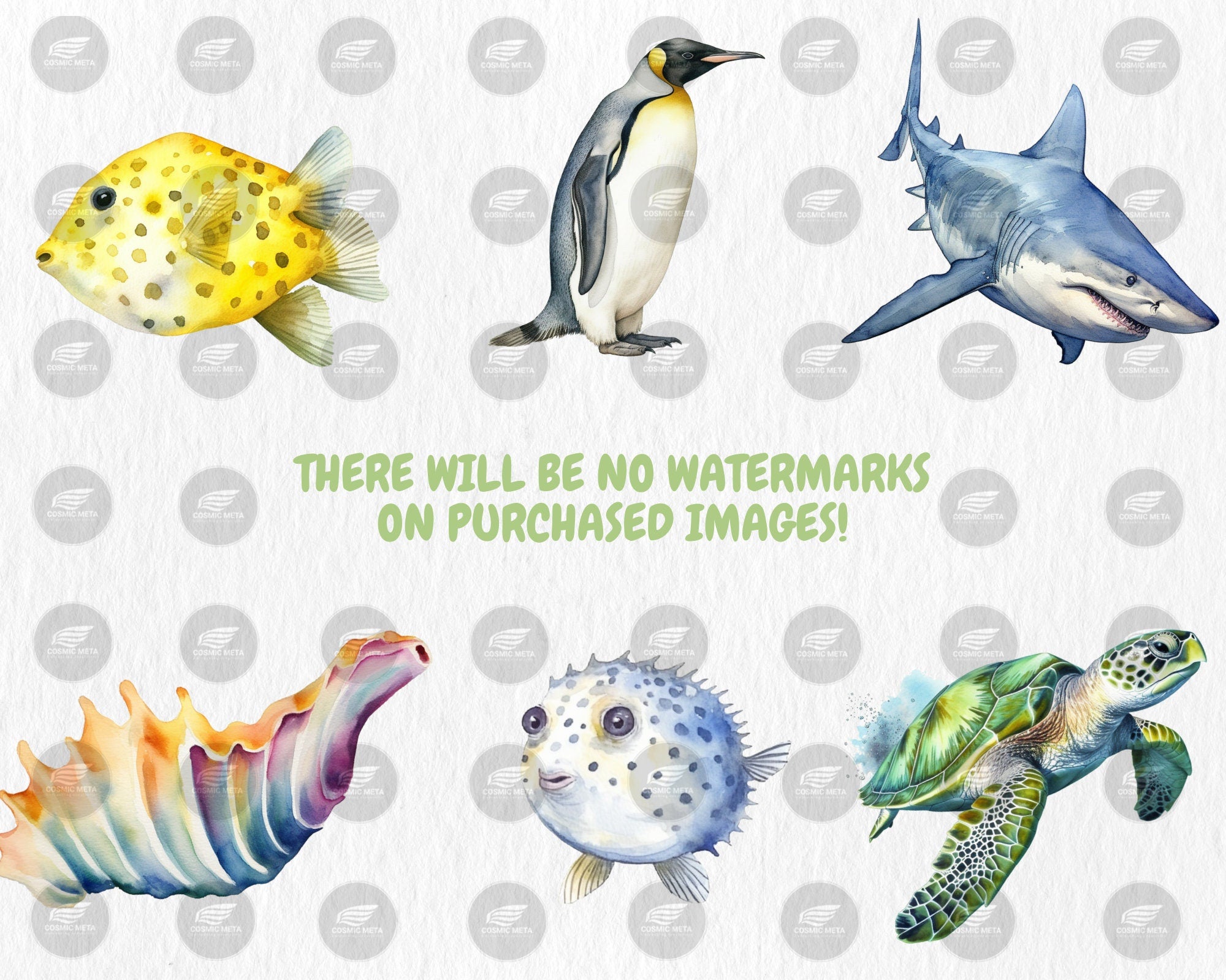 Watercolor Sea Creatures Clipart #2 | Octopus, Penguin, Turtle, Clownfish, Ocean Animals Illustrations | Instant Download for Commercial Use