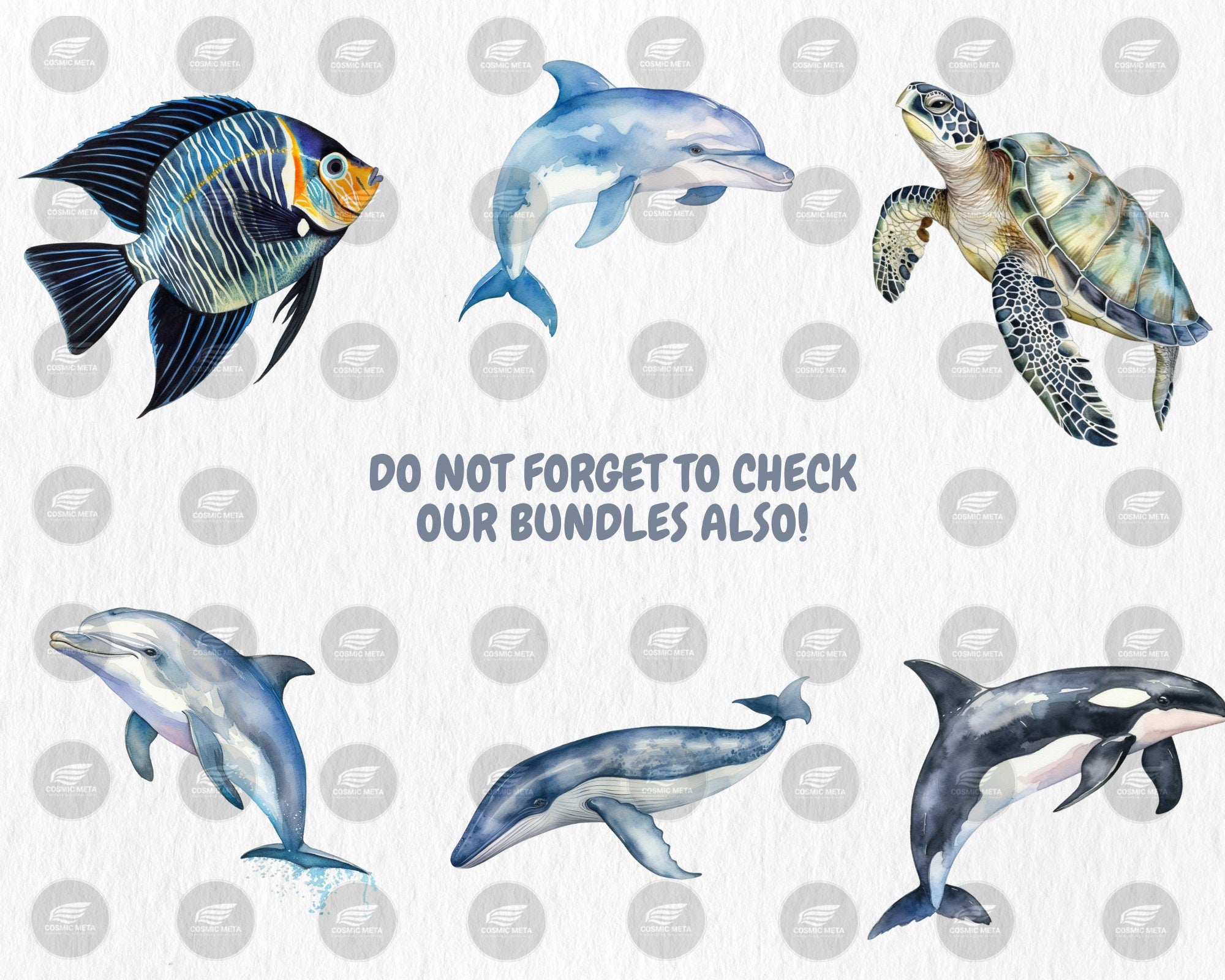 Watercolor Sea Creatures Clipart #2 | Octopus, Penguin, Turtle, Clownfish, Ocean Animals Illustrations | Instant Download for Commercial Use
