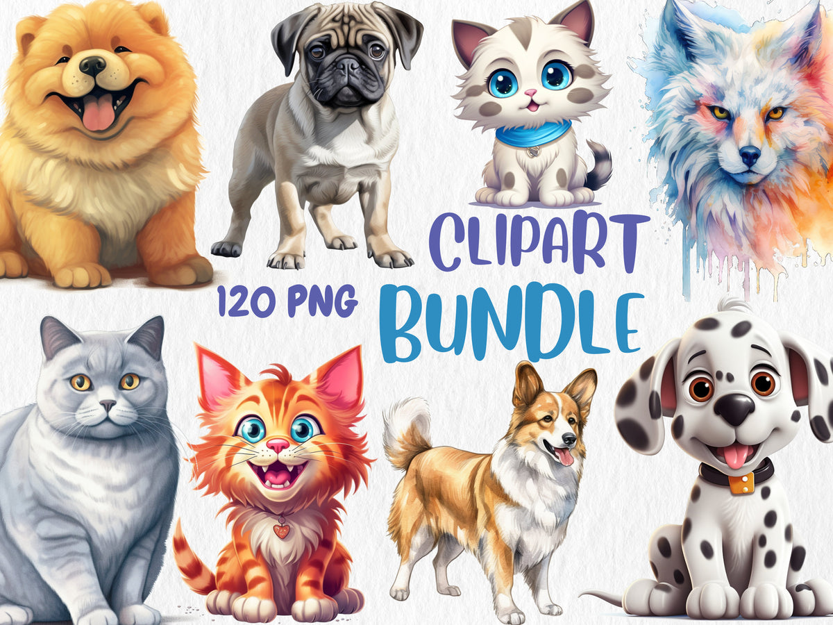 Watercolor Clipart Mega Bundle #13 | Dogs, Cats, Puppies, Kittens, 120 PNG Graphics | Painted Animals | Instant Download for Commercial Use
