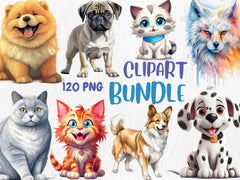 Watercolor Clipart Mega Bundle #13 | Dogs, Cats, Puppies, Kittens, 120 PNG Graphics | Painted Animals | Instant Download for Commercial Use