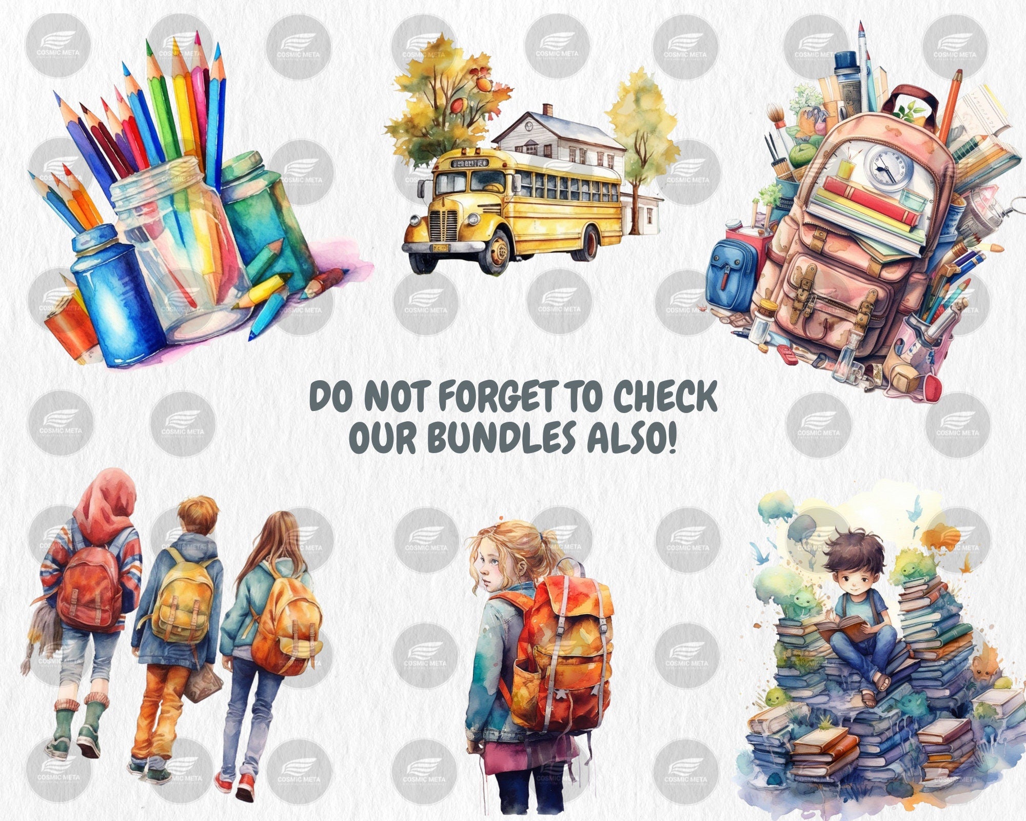 Watercolor School Clipart | Painted Back to School Clipart, Back to School Illustrations | PNG Graphics, Instant Download for Commercial Use