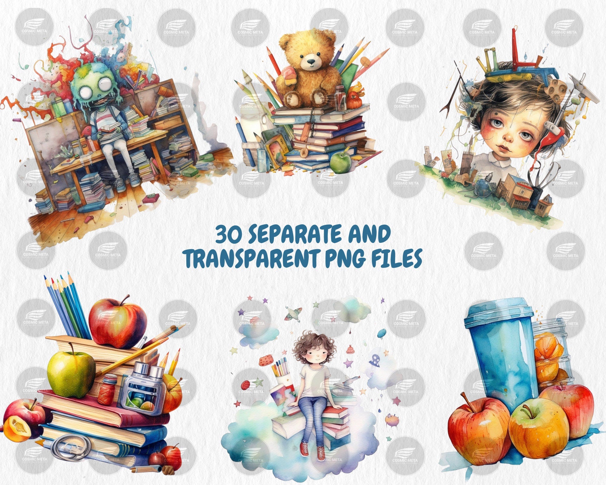 Watercolor School Clipart | Painted Back to School Clipart, Back to School Illustrations | PNG Graphics, Instant Download for Commercial Use