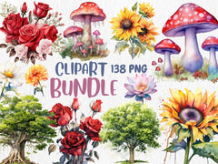 Watercolor Clipart Mega Bundle #3 | 138 PNG Graphics | Trees, Sunflowers, Mushrooms, Red Roses, Flowers | Instant Download for Commercial Use