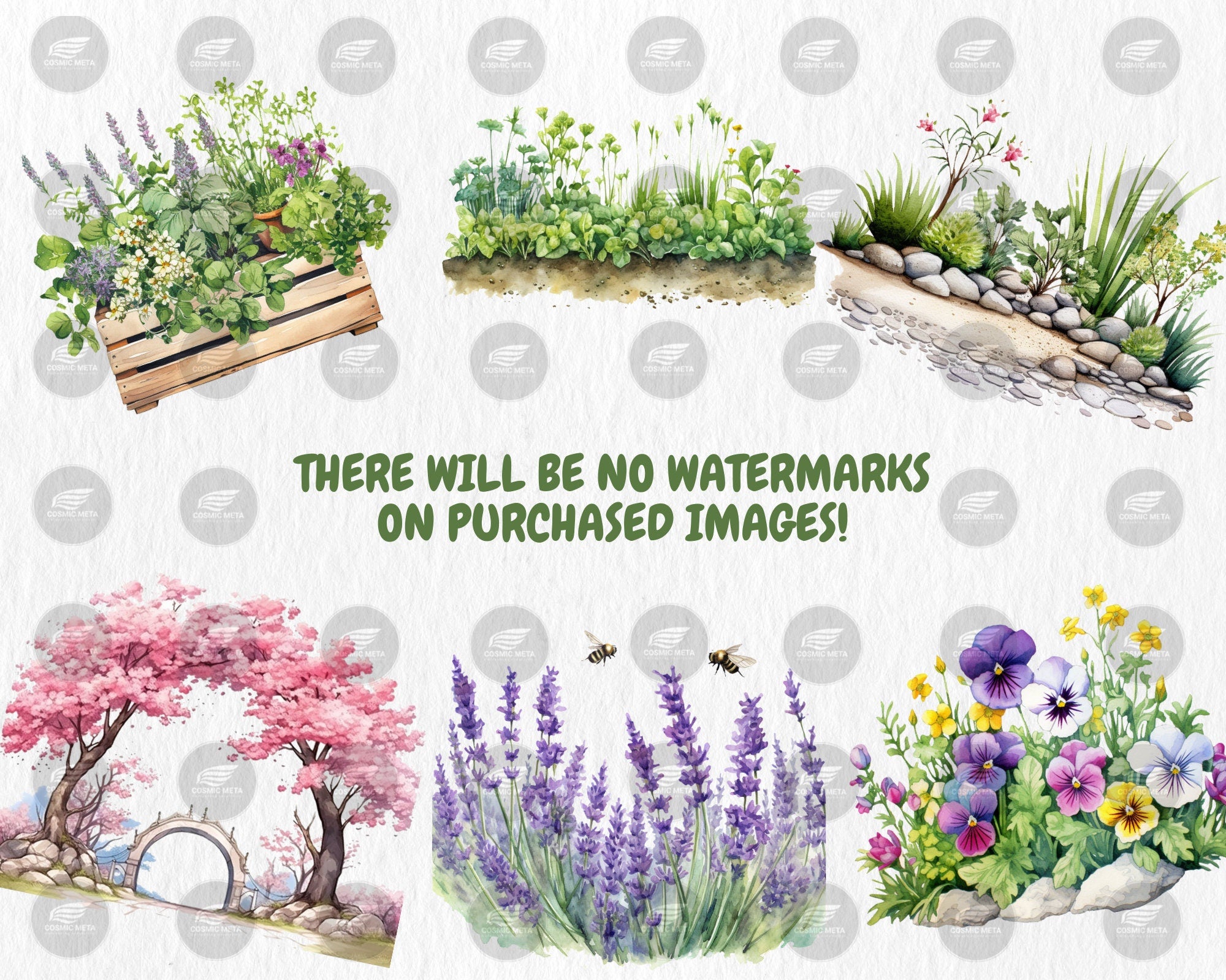 Watercolor Spring Gardens Clipart, Spring Garden Illustrations, Painted Garden Clipart, 40 PNG Graphics, Instant Download for Commercial Use