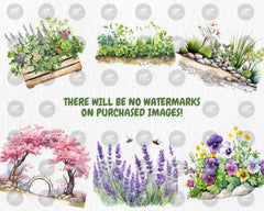 Watercolor Spring Gardens Clipart, Spring Garden Illustrations, Painted Garden Clipart, 40 PNG Graphics, Instant Download for Commercial Use