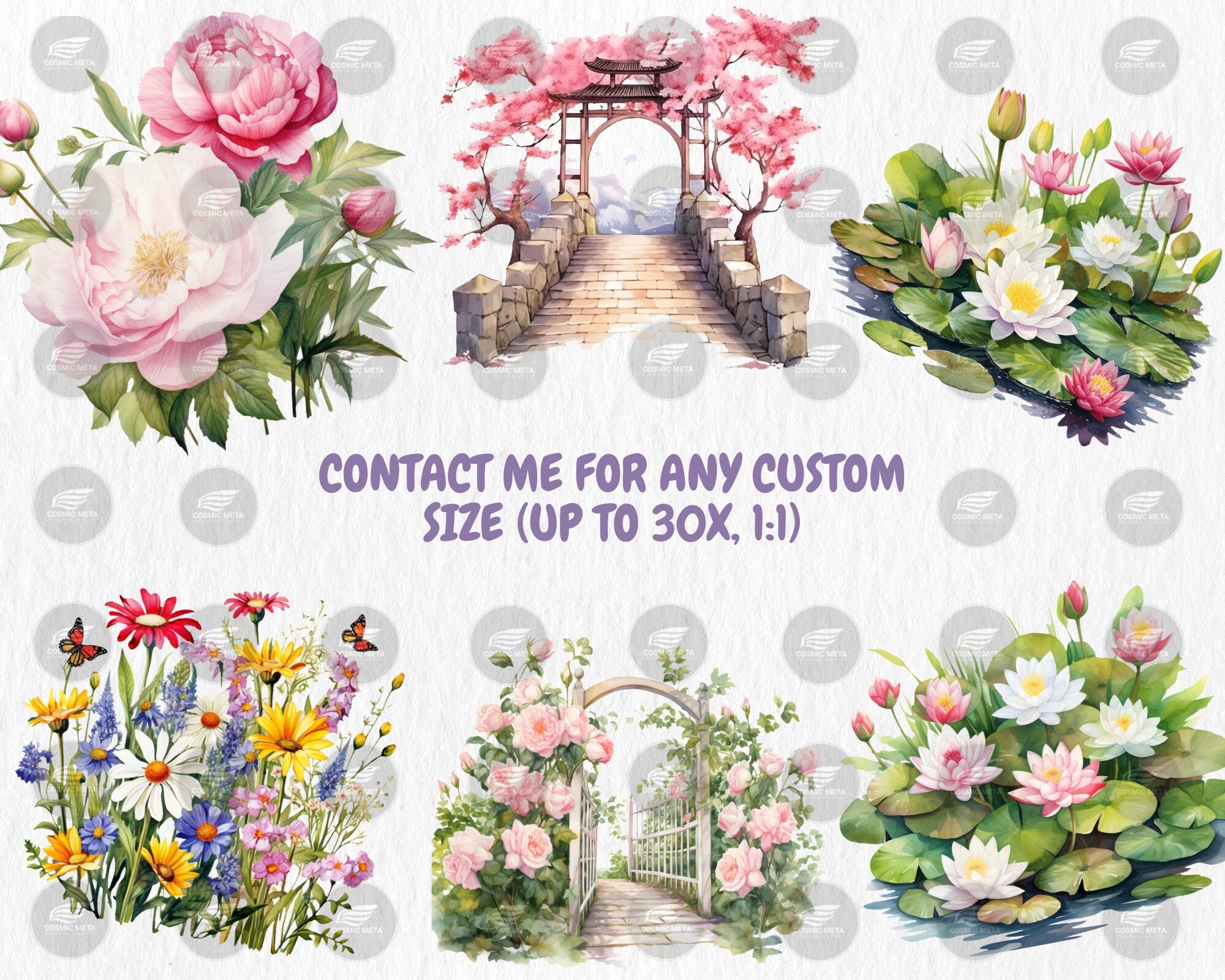 Watercolor Spring Gardens Clipart, Spring Garden Illustrations, Painted Garden Clipart, 40 PNG Graphics, Instant Download for Commercial Use