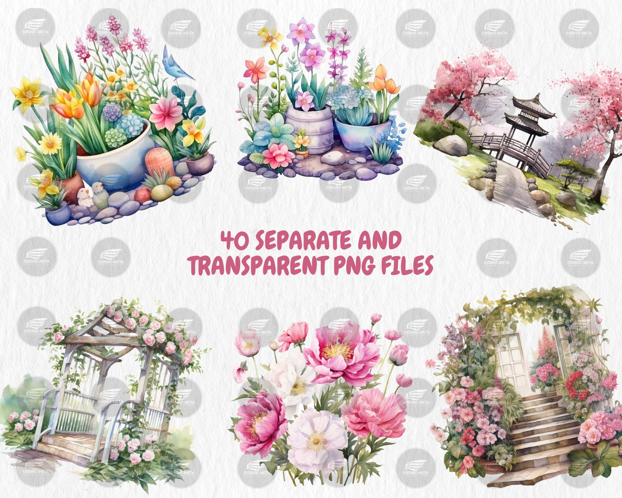 Watercolor Spring Gardens Clipart, Spring Garden Illustrations, Painted Garden Clipart, 40 PNG Graphics, Instant Download for Commercial Use