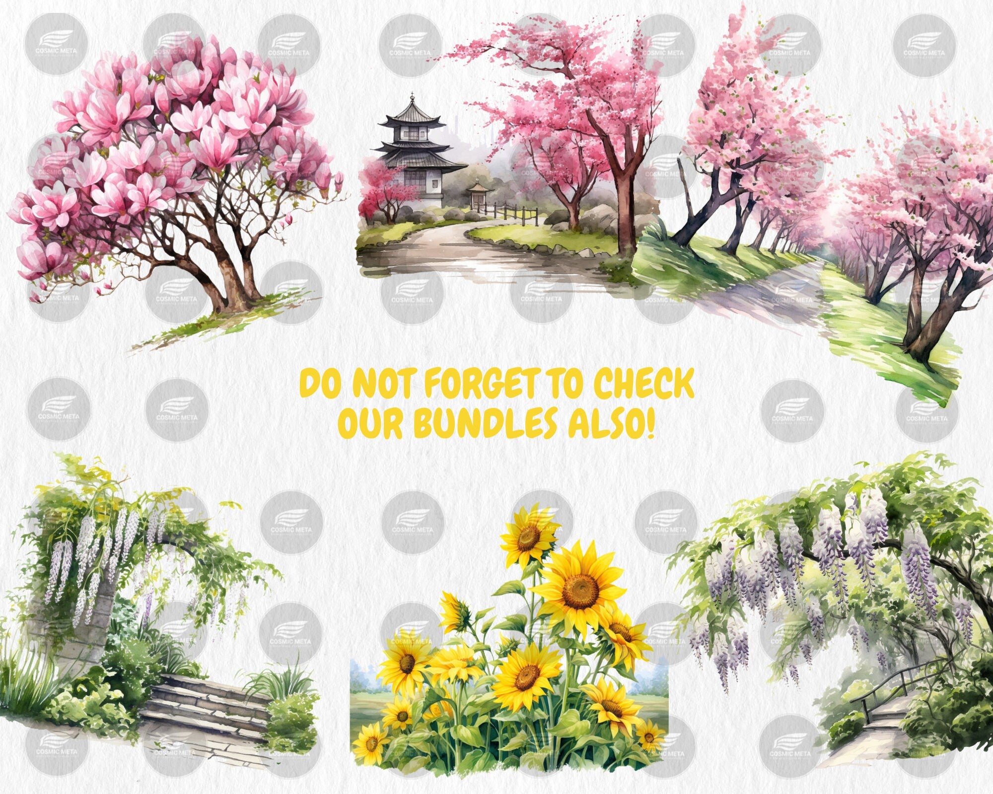 Watercolor Spring Gardens Clipart, Spring Garden Illustrations, Painted Garden Clipart, 40 PNG Graphics, Instant Download for Commercial Use