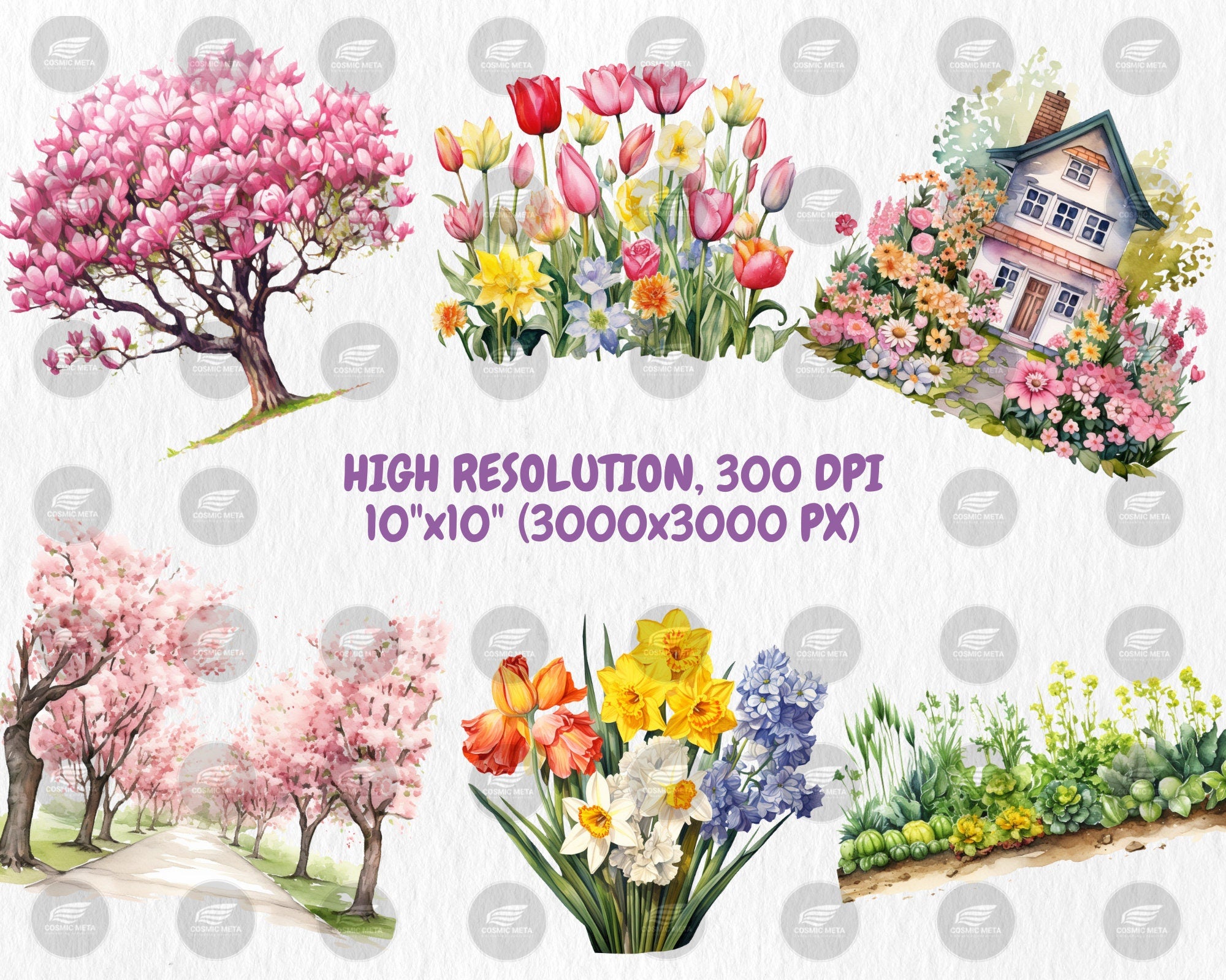 Watercolor Spring Gardens Clipart, Spring Garden Illustrations, Painted Garden Clipart, 40 PNG Graphics, Instant Download for Commercial Use