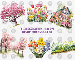 Watercolor Spring Gardens Clipart, Spring Garden Illustrations, Painted Garden Clipart, 40 PNG Graphics, Instant Download for Commercial Use