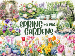 Watercolor Spring Gardens Clipart, Spring Garden Illustrations, Painted Garden Clipart, 40 PNG Graphics, Instant Download for Commercial Use