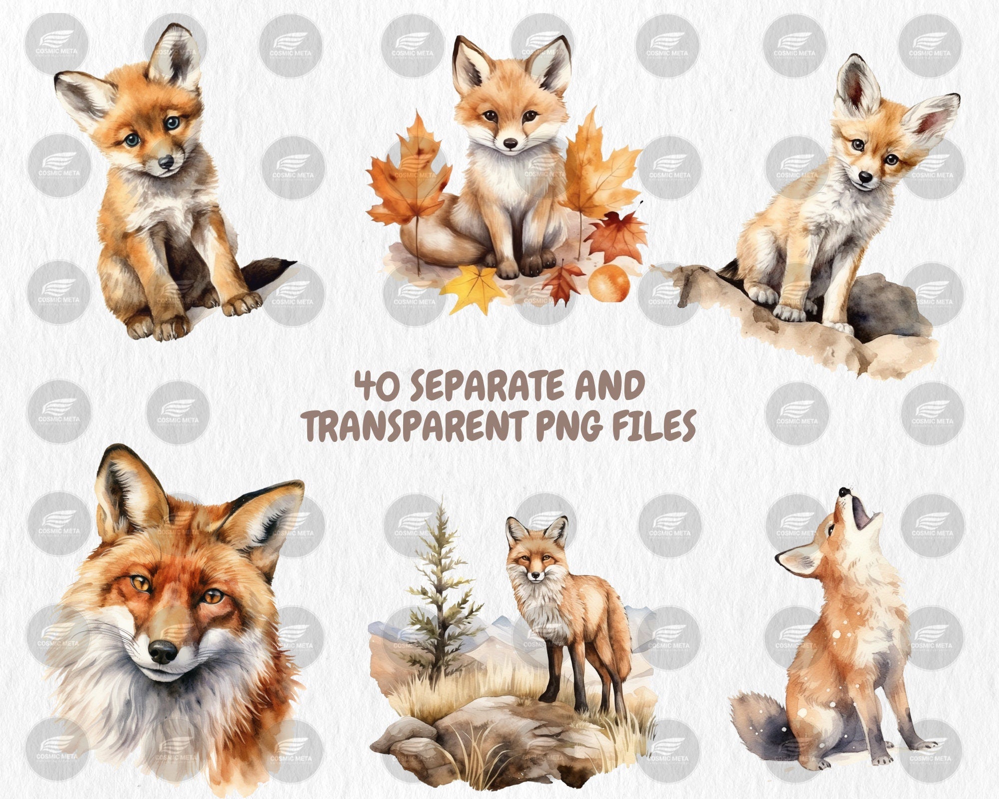 Watercolor Foxes Clipart | Woodland Animal, Nature, Cute, Baby Fox Illustrations, 40 Separate PNG Image, Instant Download for Commercial Use