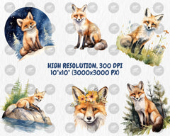 Watercolor Foxes Clipart | Woodland Animal, Nature, Cute, Baby Fox Illustrations, 40 Separate PNG Image, Instant Download for Commercial Use