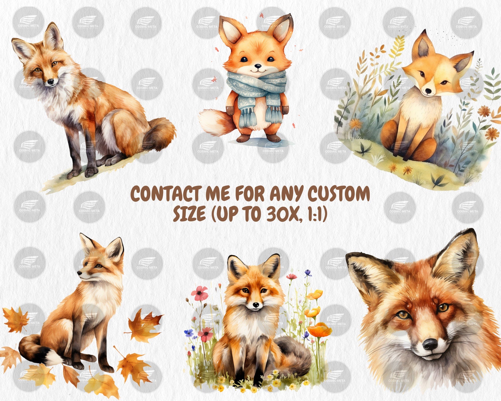 Watercolor Foxes Clipart | Woodland Animal, Nature, Cute, Baby Fox Illustrations, 40 Separate PNG Image, Instant Download for Commercial Use