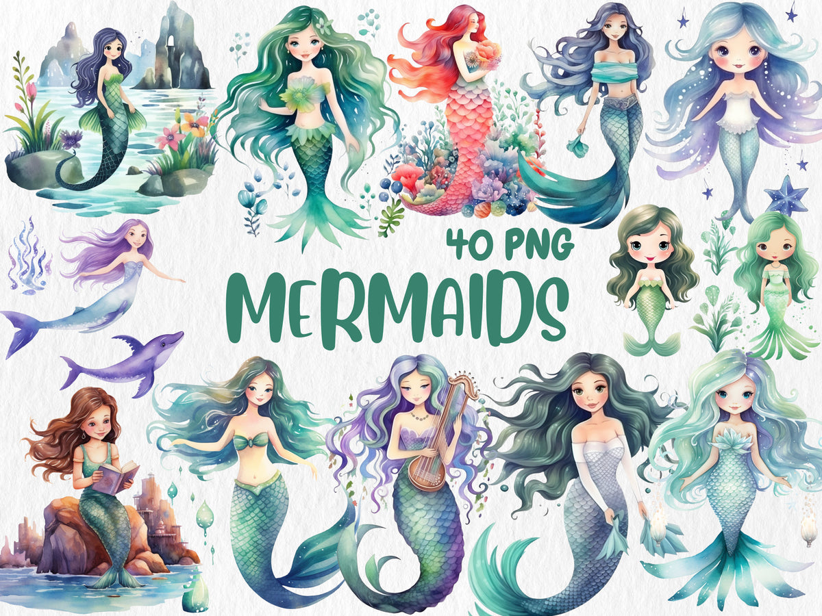 Watercolor Mermaids Clipart | Underwater, Magical Sea, Mermaid Tail,  Little Mermaid Illustrations | Instant Download for Commercial Use