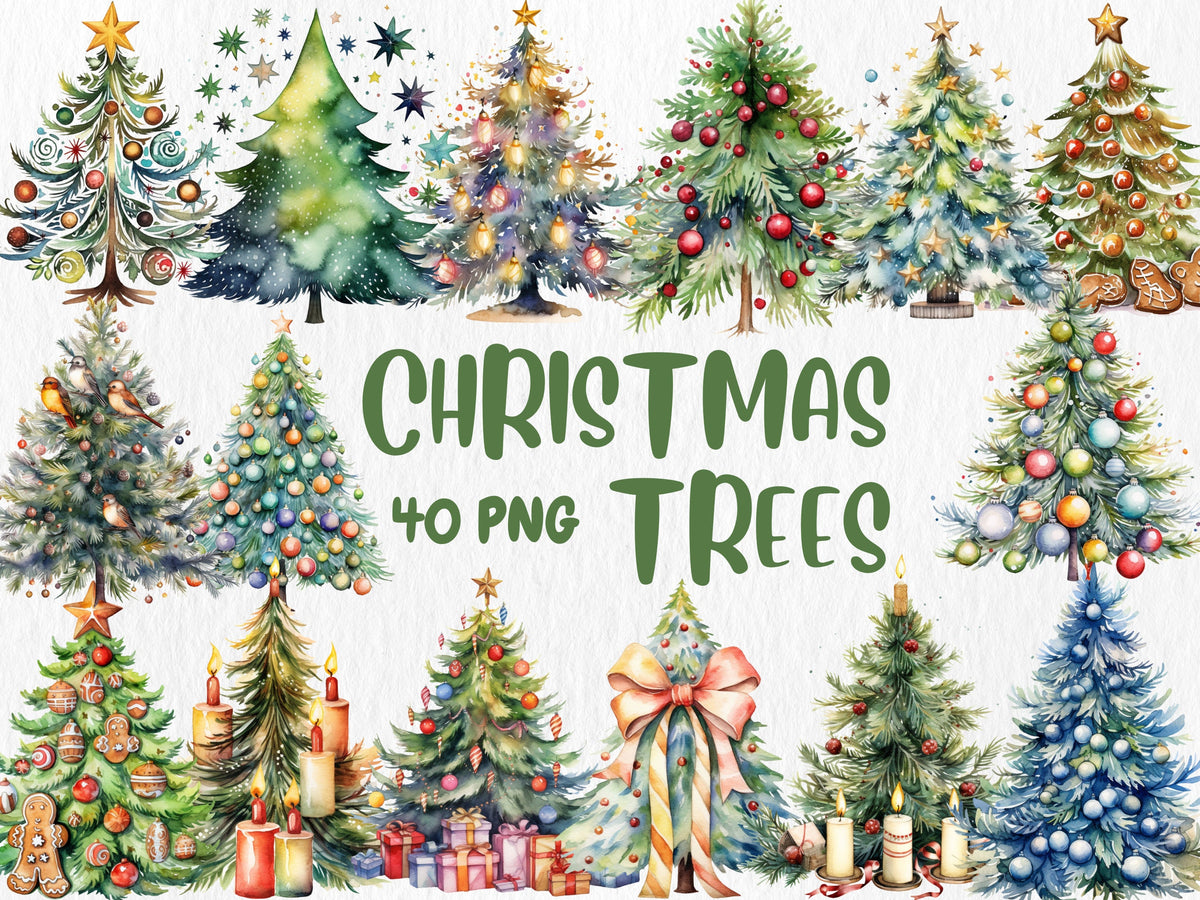 Watercolor Christmas Trees Clipart | Painted Tree Clipart | Christmas Illustrations | PNG Graphics | Instant Download for Commercial Use