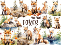 Watercolor Foxes Clipart | Woodland Animal, Nature, Cute, Baby Fox Illustrations, 40 Separate PNG Image, Instant Download for Commercial Use
