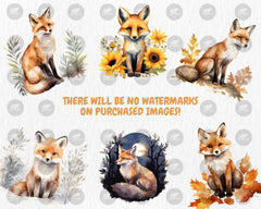 Watercolor Foxes Clipart | Woodland Animal, Nature, Cute, Baby Fox Illustrations, 40 Separate PNG Image, Instant Download for Commercial Use