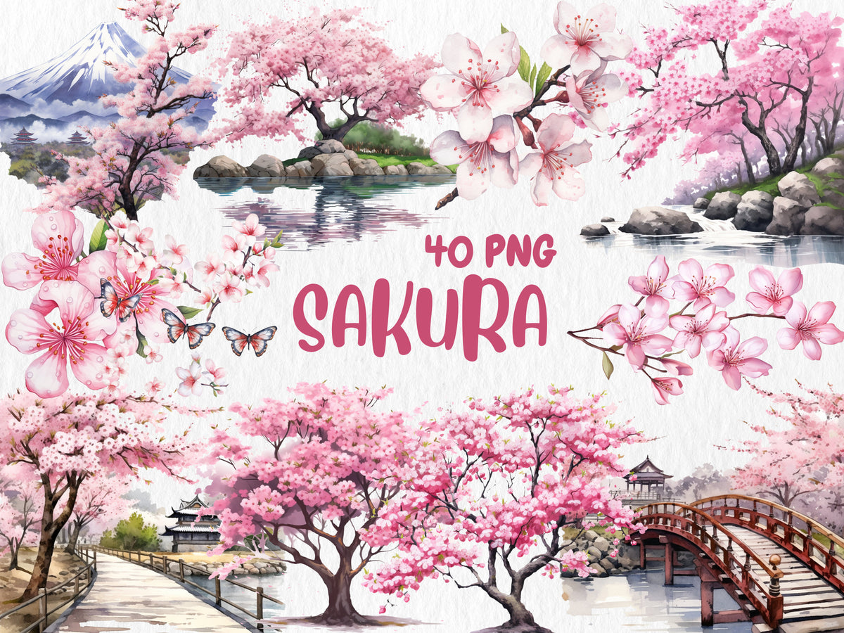 Watercolor Sakura Clipart | Spring Flowers and Trees, Cherry Blossom, Floral Clipart Illustrations | Instant Download for Commercial Use