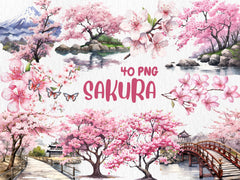 Watercolor Sakura Clipart | Spring Flowers and Trees, Cherry Blossom, Floral Clipart Illustrations | Instant Download for Commercial Use