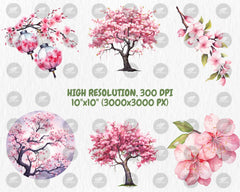 Watercolor Sakura Clipart | Spring Flowers and Trees, Cherry Blossom, Floral Clipart Illustrations | Instant Download for Commercial Use