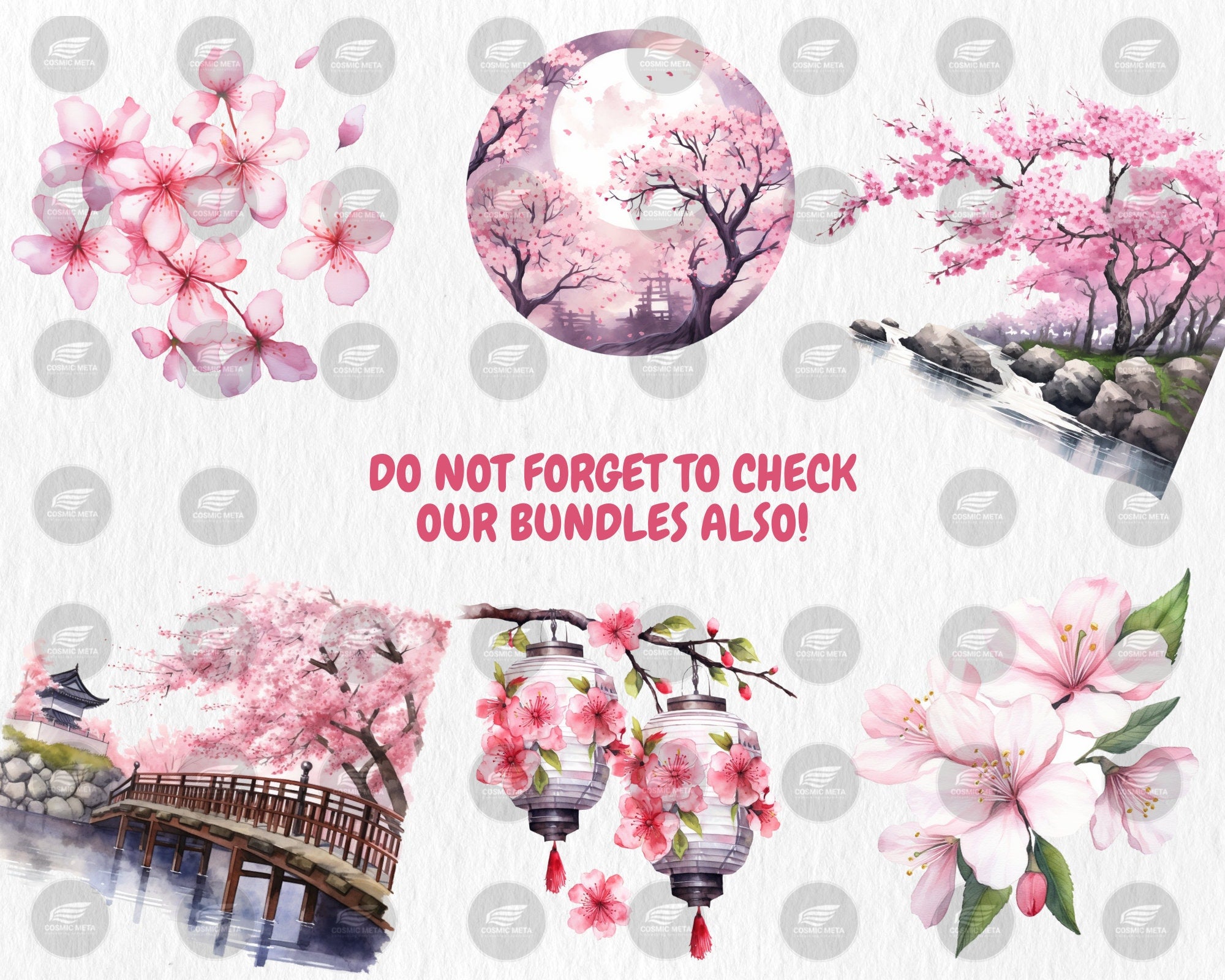 Watercolor Sakura Clipart | Spring Flowers and Trees, Cherry Blossom, Floral Clipart Illustrations | Instant Download for Commercial Use