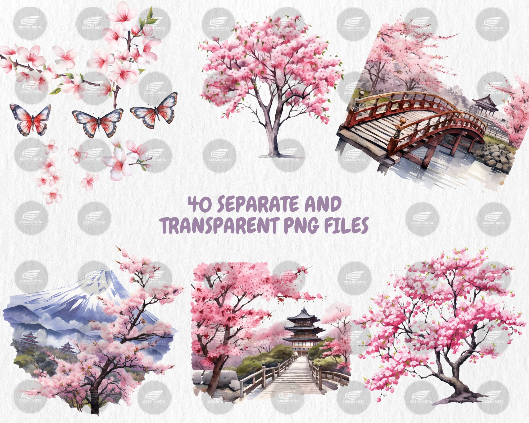 Watercolor Sakura Clipart | Spring Flowers and Trees, Cherry Blossom, Floral Clipart Illustrations | Instant Download for Commercial Use