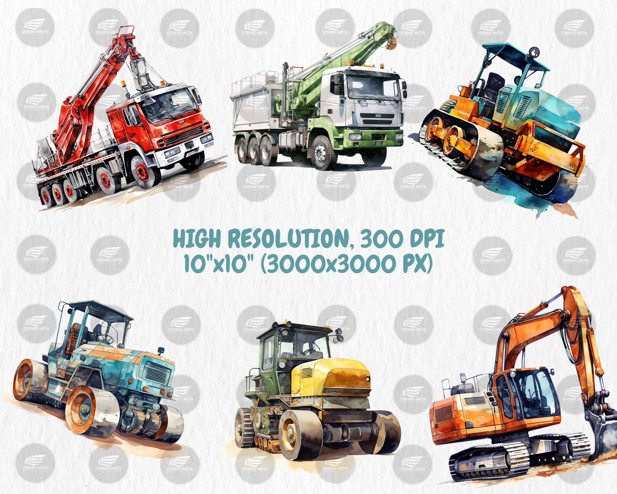 Watercolor Construction Vehicles Clipart | Excavator, Bulldozer, Cement Mixer, Tractor Illustrations | Instant Download for Commercial Use