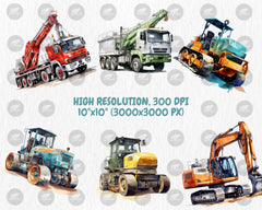 Watercolor Construction Vehicles Clipart | Excavator, Bulldozer, Cement Mixer, Tractor Illustrations | Instant Download for Commercial Use
