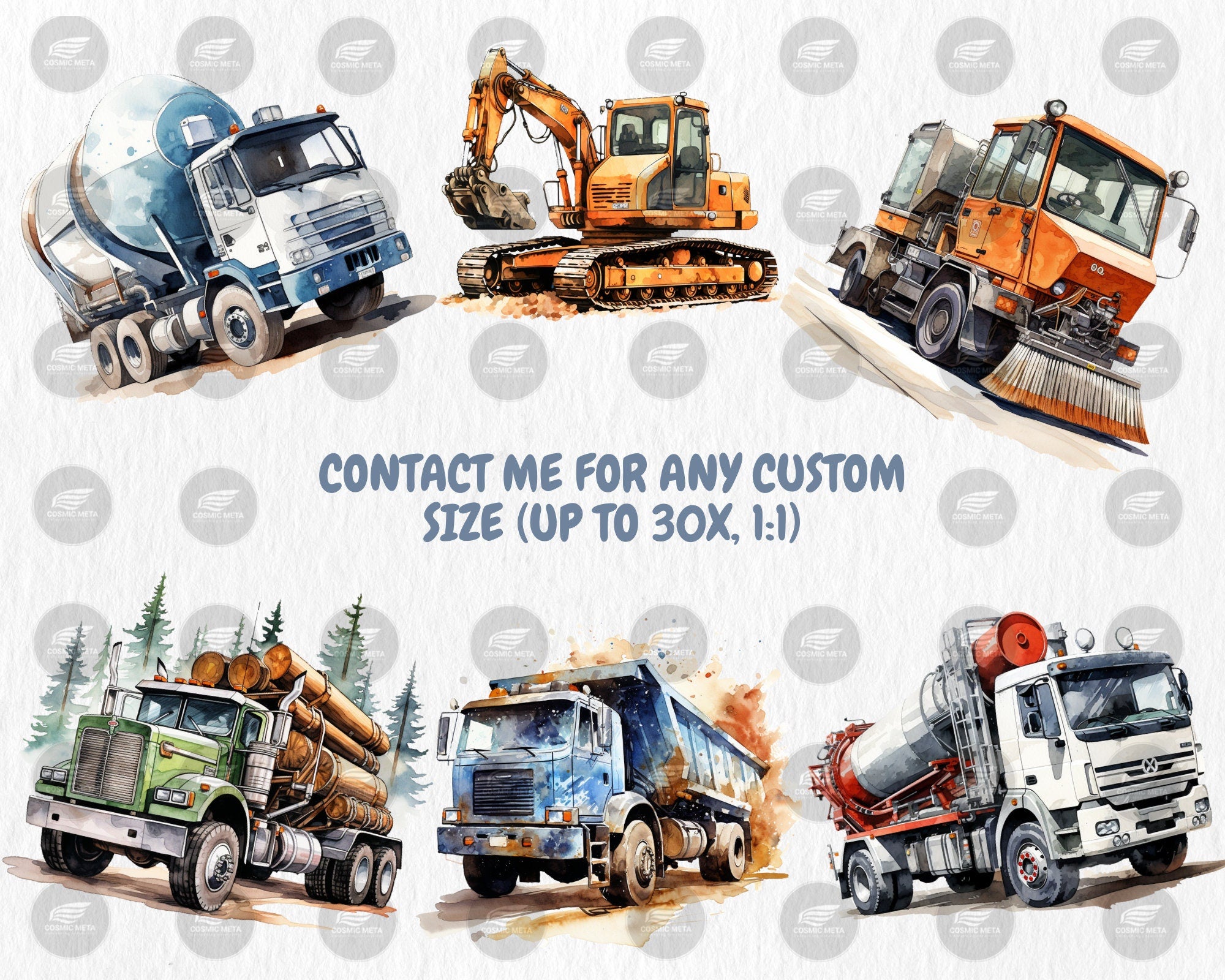 Watercolor Construction Vehicles Clipart | Excavator, Bulldozer, Cement Mixer, Tractor Illustrations | Instant Download for Commercial Use