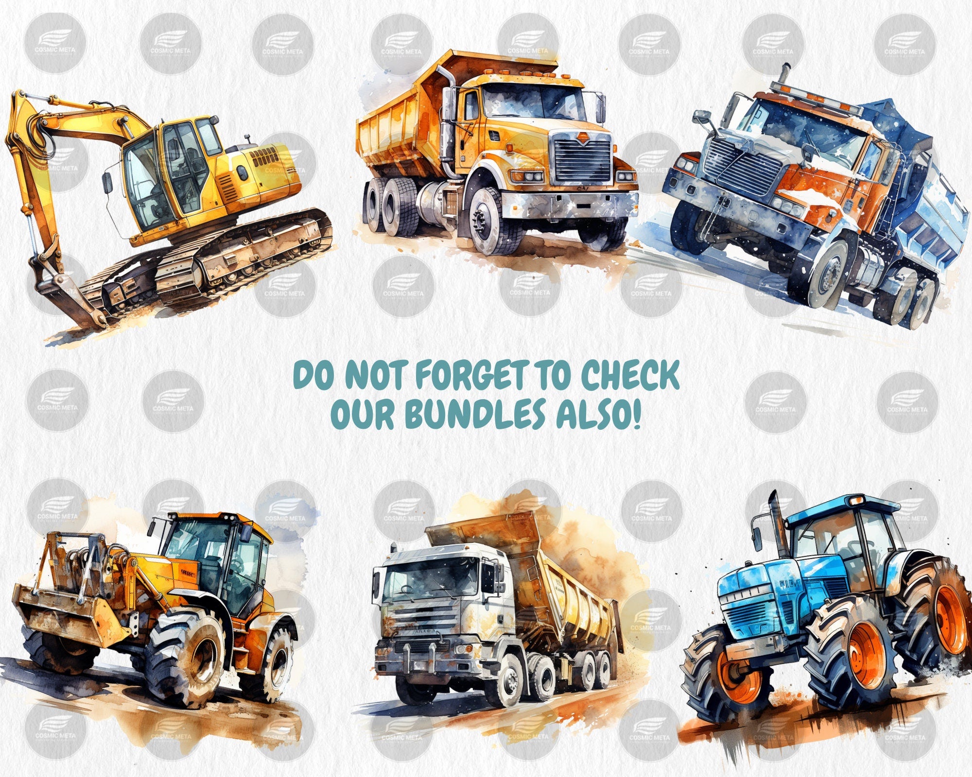 Watercolor Construction Vehicles Clipart | Excavator, Bulldozer, Cement Mixer, Tractor Illustrations | Instant Download for Commercial Use