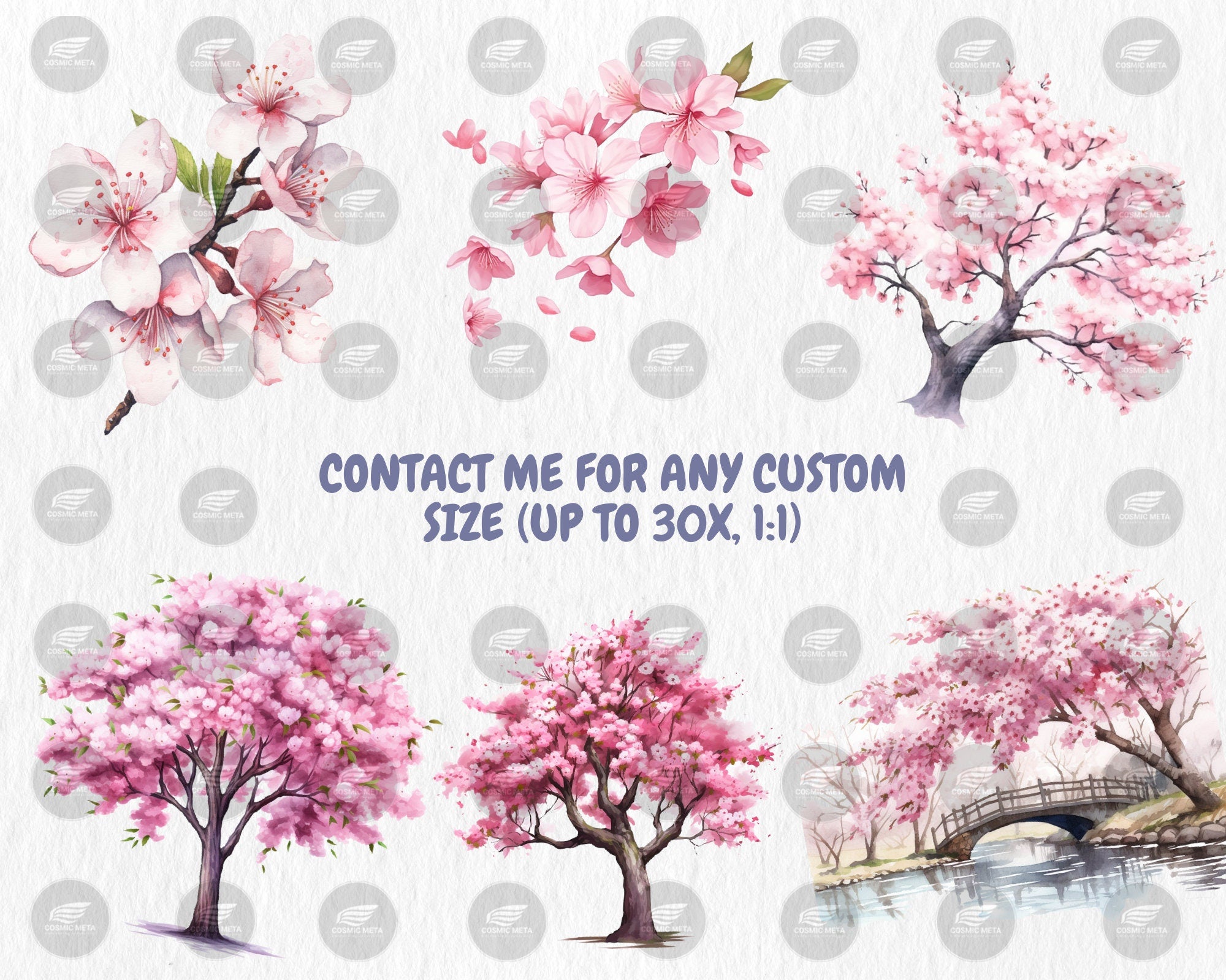 Watercolor Sakura Clipart | Spring Flowers and Trees, Cherry Blossom, Floral Clipart Illustrations | Instant Download for Commercial Use