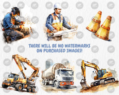 Watercolor Construction Clipart | Worker, Hard Hat, Dump Truck, Cement Mixer, Bulldozer Illustrations | Instant Download for Commercial Use