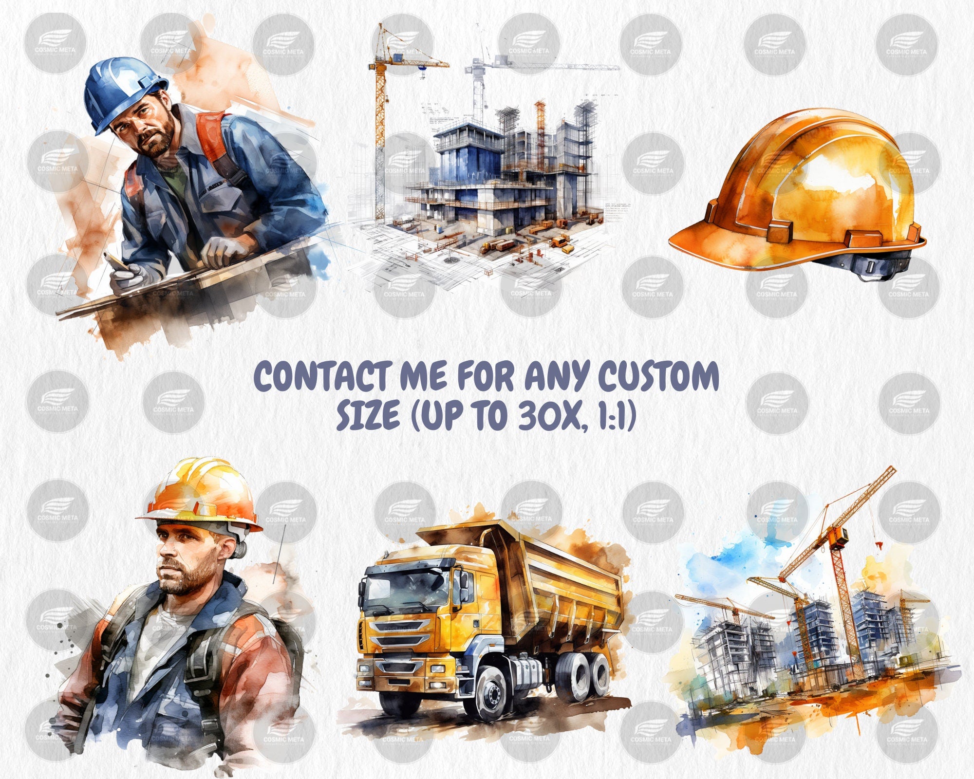 Watercolor Construction Clipart | Worker, Hard Hat, Dump Truck, Cement Mixer, Bulldozer Illustrations | Instant Download for Commercial Use