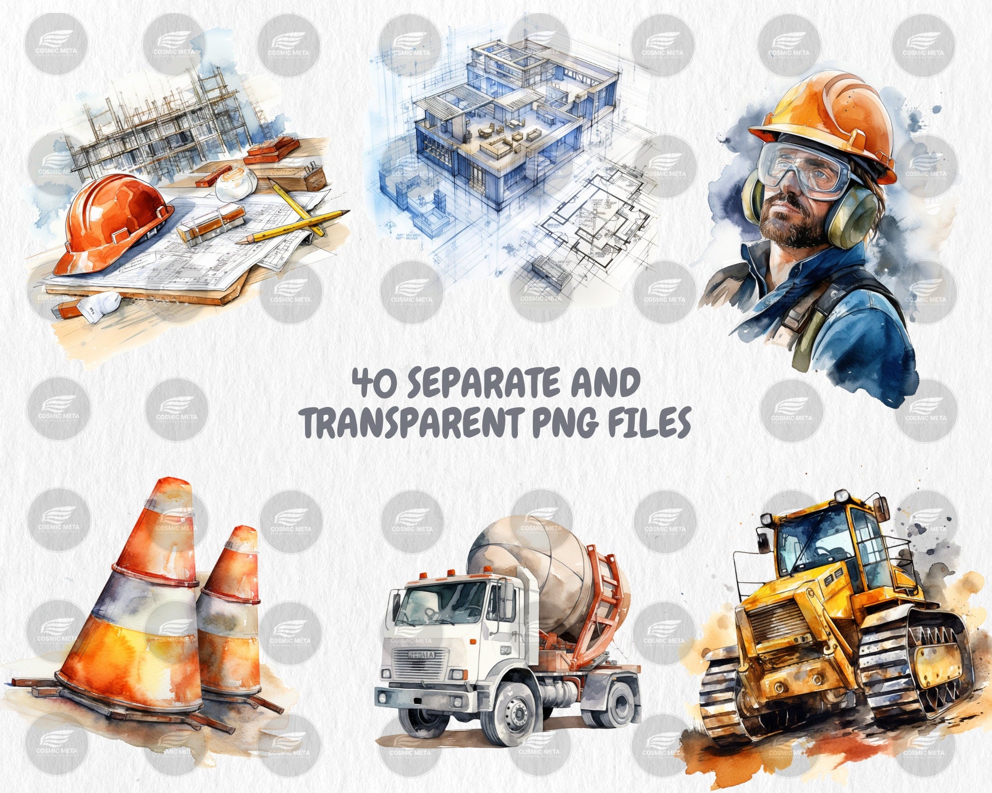 Watercolor Construction Clipart | Worker, Hard Hat, Dump Truck, Cement Mixer, Bulldozer Illustrations | Instant Download for Commercial Use
