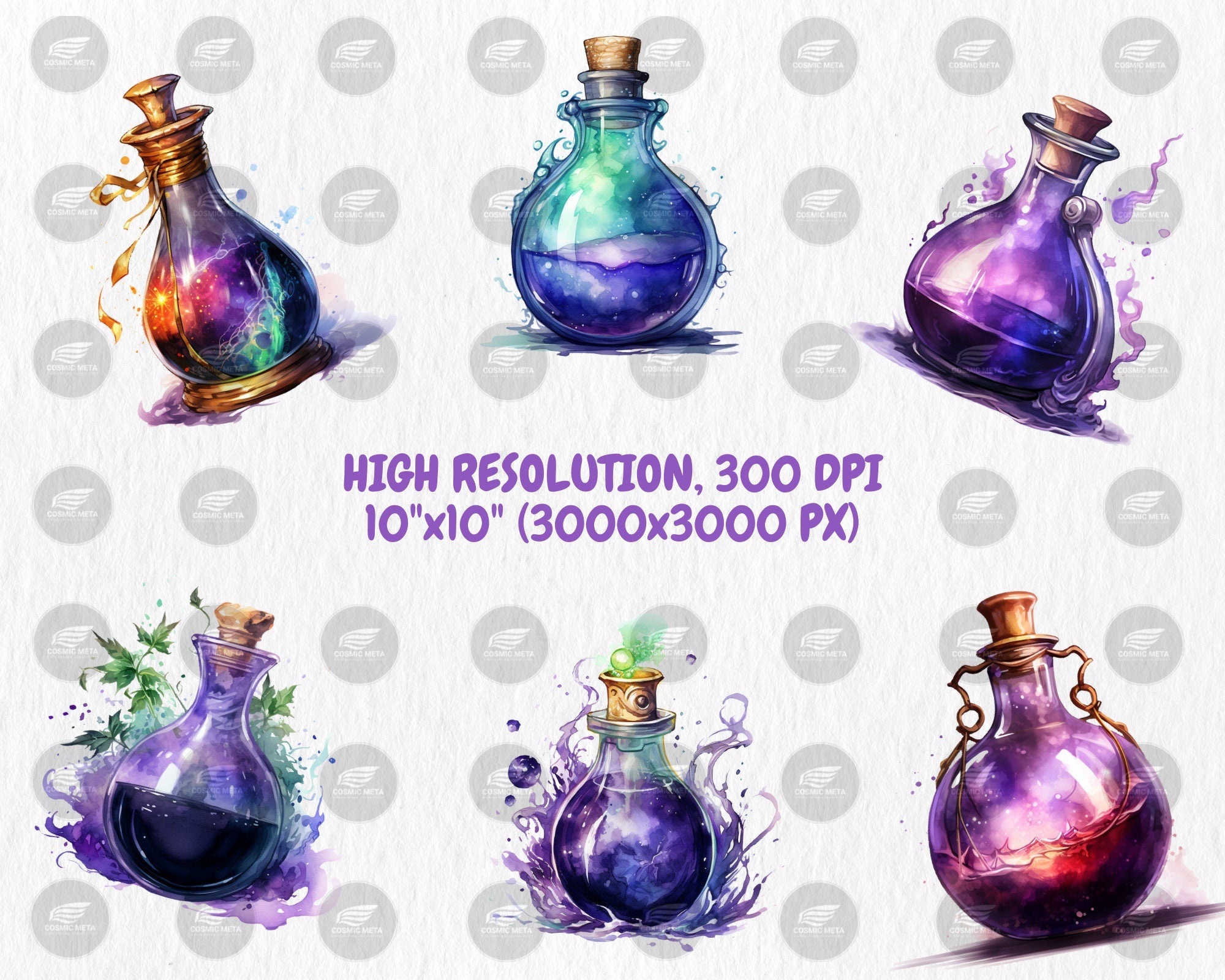 Watercolor Magic Potions Clipart | Painted Colorful Magic Potion Illustrations | 40 PNG Graphics | Instant Download for Commercial Use