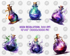 Watercolor Magic Potions Clipart | Painted Colorful Magic Potion Illustrations | 40 PNG Graphics | Instant Download for Commercial Use