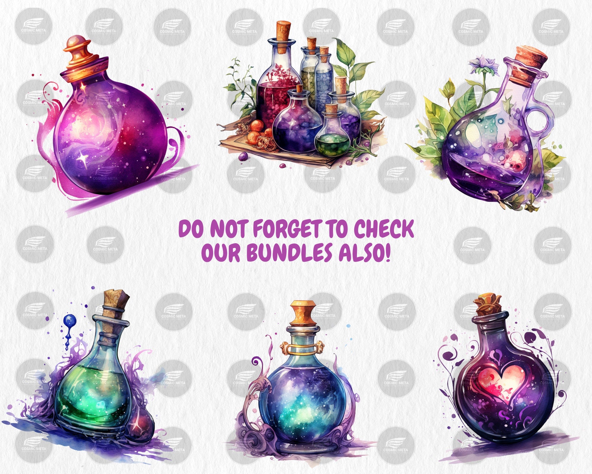 Watercolor Magic Potions Clipart | Painted Colorful Magic Potion Illustrations | 40 PNG Graphics | Instant Download for Commercial Use