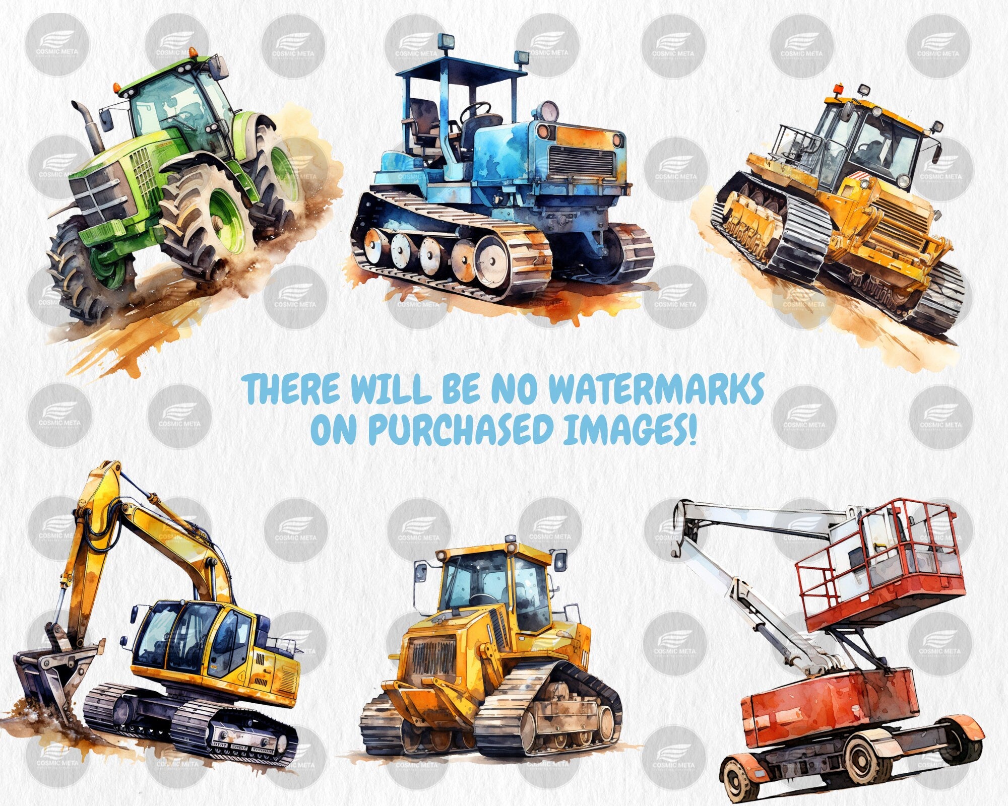 Watercolor Construction Vehicles Clipart | Excavator, Bulldozer, Cement Mixer, Tractor Illustrations | Instant Download for Commercial Use
