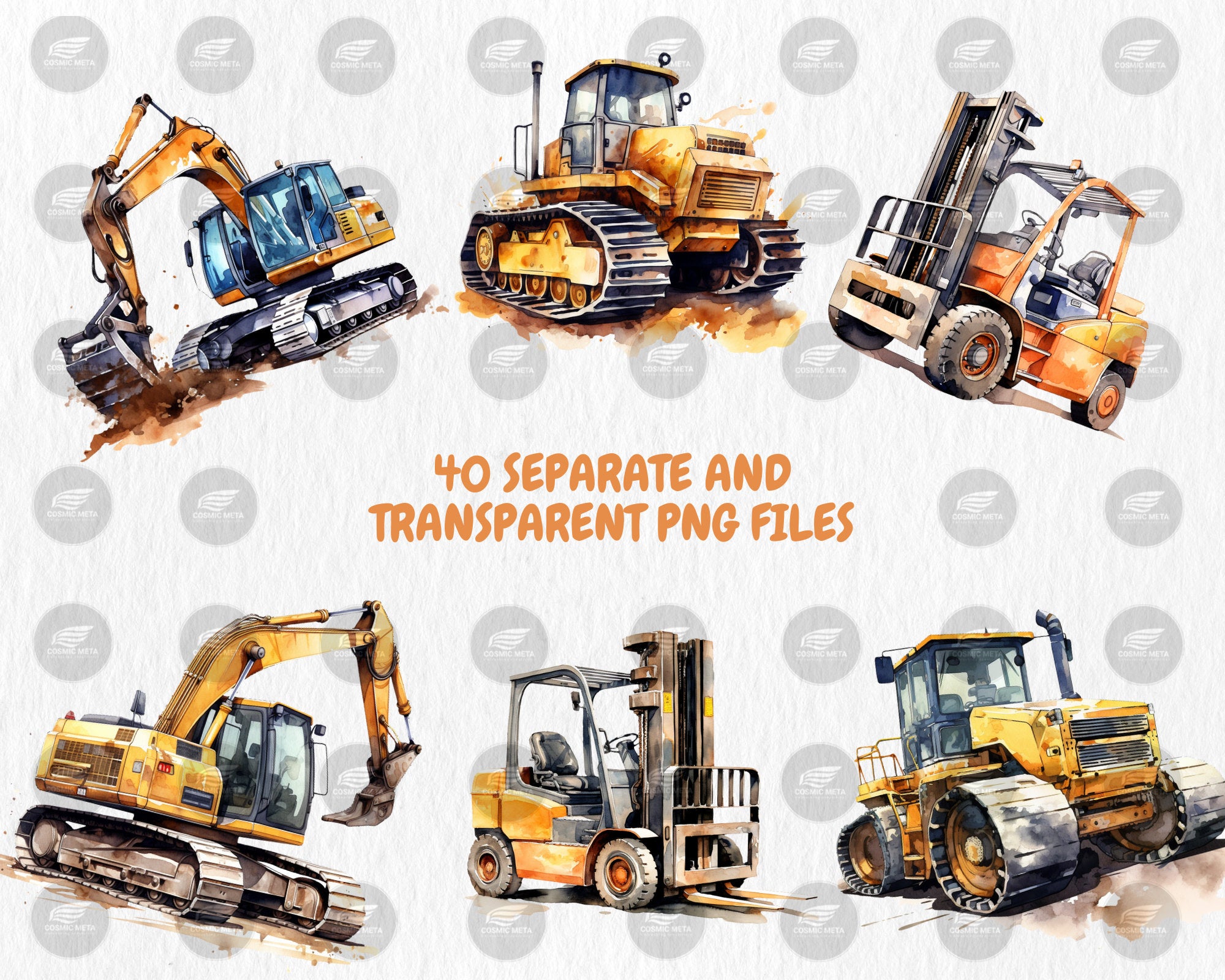 Watercolor Construction Vehicles Clipart | Excavator, Bulldozer, Cement Mixer, Tractor Illustrations | Instant Download for Commercial Use